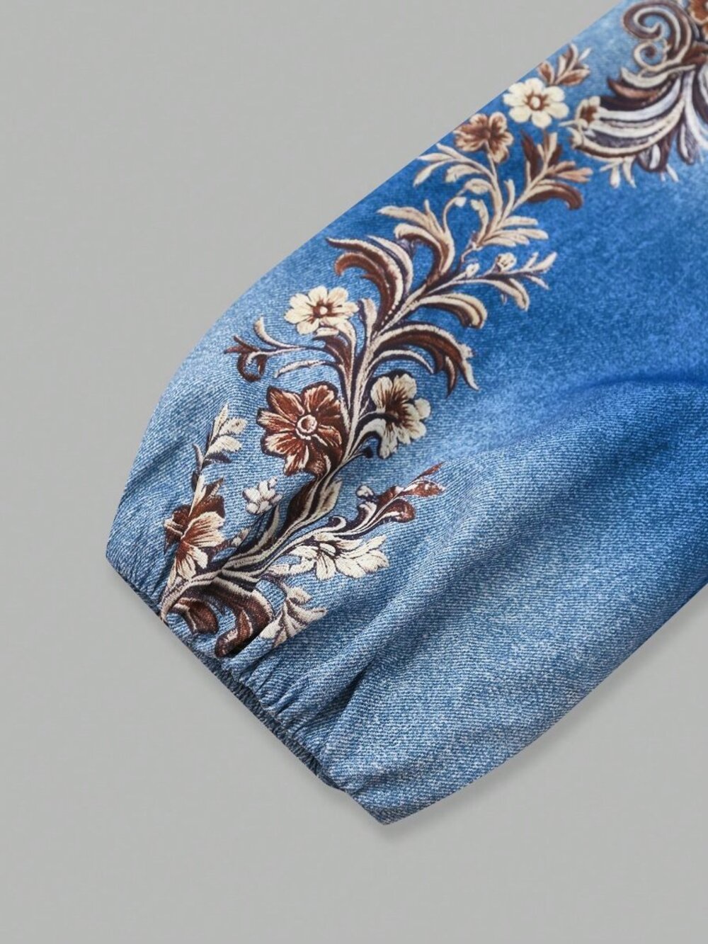 Blue Casual Women's Elegant Floral Print Loose Fit Zip-Front Denim Jacket - Picture 7 of 8